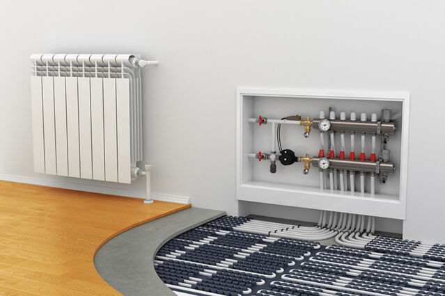 A cut-away diagram showing a radiator and underfloor heating