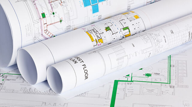 Several colour-coded building and HVAC installation plans